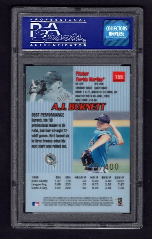 1999 BOWMAN'S BEST REFRACTOR ROOKIE #155 AJ BURNETT #/400 PSA 10 GEM MINT POP 4 - Image 2 of 2