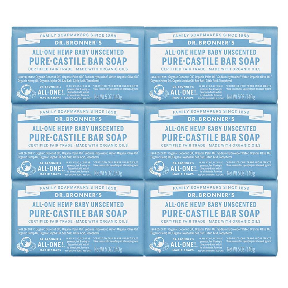 Pure-Castile Bar Soap( Unscented,5 oz,6-Pack)-Made with Organic OilsFor Face