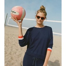 Anthropologie Sundry Navy Blue Striped Cuff Crew Neck Sweatshirt Size XS