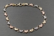 14K Yellow Gold 5.5MM Tri Color Hollow Diamond Cut Heart 7.25" Bracelet.