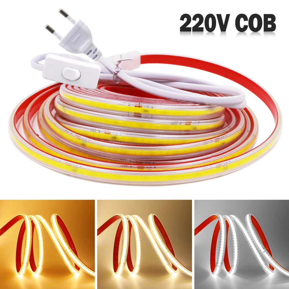 230V COB LED Streifen 288LEDs/M Selbstklebend Lichtband Lichterkette Wasserdicht - Bild 4 von 4