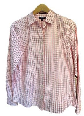 Lands End No Iron Pinpoint Cotton Shirt Blouse Womens 12 Spring Check Button Up