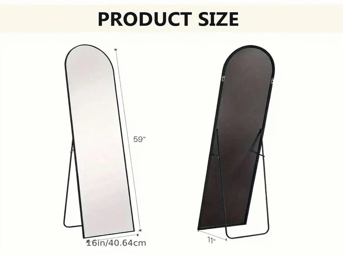 59”x16” Arched Full Length Mirror – Black Wall Mounted / Free Standing