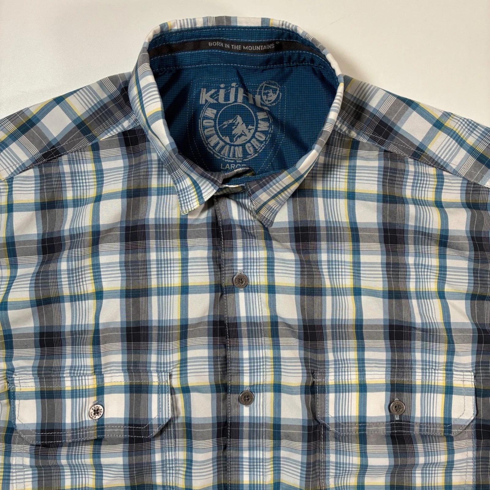 Kuhl Eluxur Shirt Large Blue Plaid Short Sleeve Technical Pocket Hiking