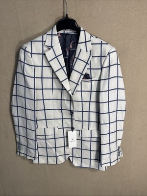NWT Vercini 40R Sailboats Lining off White Blue Grid Striped New Sport Coat 2BTN