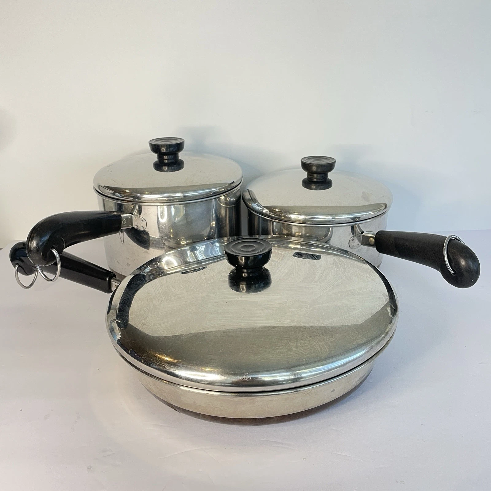 Vtg Revere Ware Sauce Pan Set Copper Bottoms w/Lids 2qt 3qt 10” Frying Pan Pot