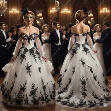 Tulle Black Wedding Dresses Lace Applique Lace-up Long Sleeve Formal Bridal Gown