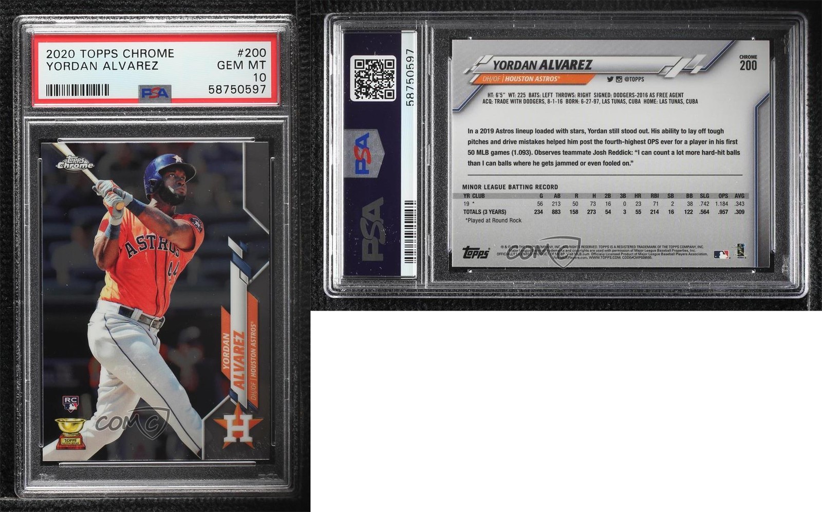2020 Topps Chrome Yordan Alvarez (Orange Jersey) #200 PSA 10 GEM MT Rookie RC view 3
