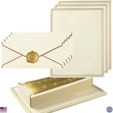 50 Pack Stationery Set, Gold Border Envelopes, 8.5x11 Paper & Stickers