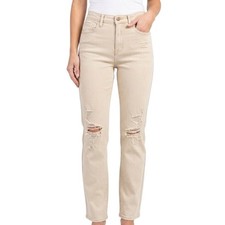 Judy Blue Straight Leg Jeans Womens 7/28 Tan Distressed High Waist JB88823 C
