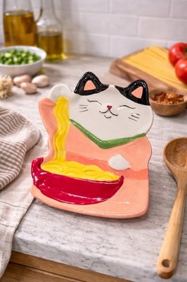 New Happy Cat Eating Ramen Kitchen Cooking Spoon Rest Decor