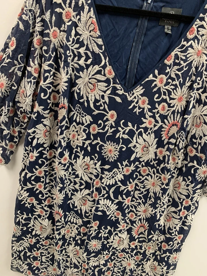 Adrianna Papell Dress Womens 22W Navy Mesh Embroidered Floral Mini Shift V Neck - Image 3 of 4