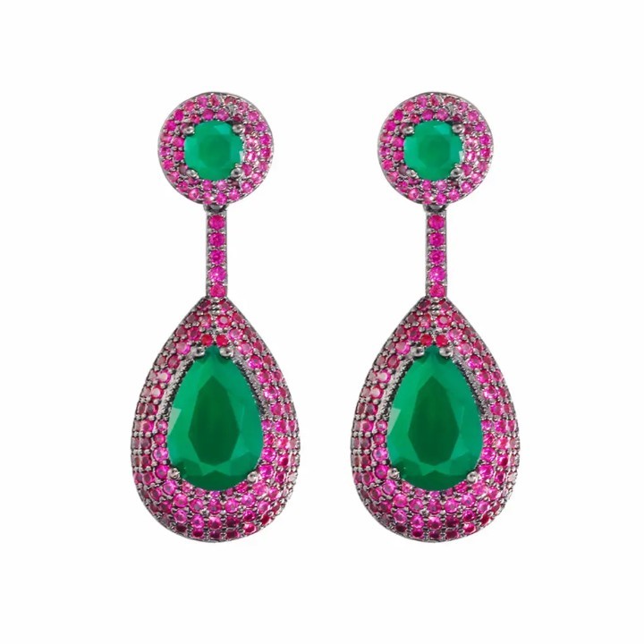 Emerald Green & Fuchsia CZ Teardrop Dangle Earrings Gunmetal Glam Vintage Style