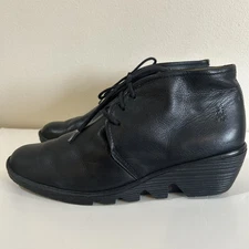 Fly London Leather Ankle Booties Lace Up Wedge Black Women's Size 42 / 10.5-11
