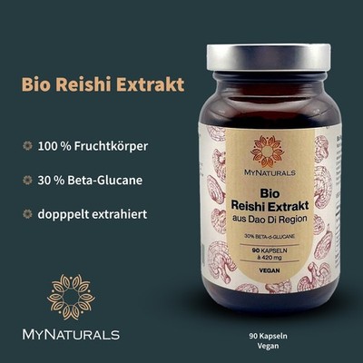 Bio Reishi Extrakt 12:1 90 Kapseln je 420mg 30% Beta Glucane Vegan Braunglas