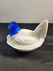 New ListingRARE! Fenton Vintage Hen On Nest Milk Glass With Cobalt Blue Head