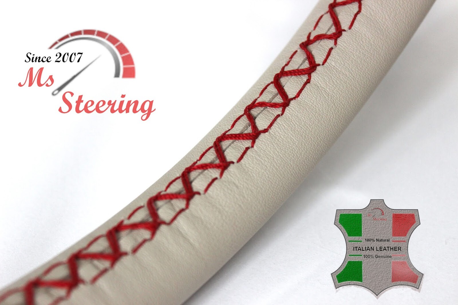 FUR INFINITI QX 13-13 CREAM LEATHER STEERING WHEEL COVER, RED 2 STIT