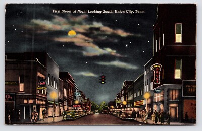 Union City Tennessee TN First Street Downtown Neon Signs Moon Postcard 1950s