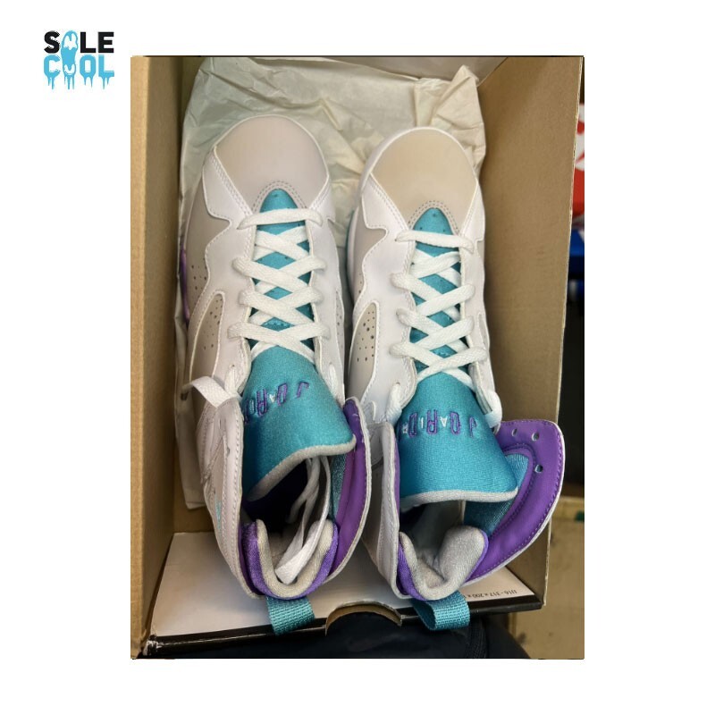 purple and turquoise jordans 7