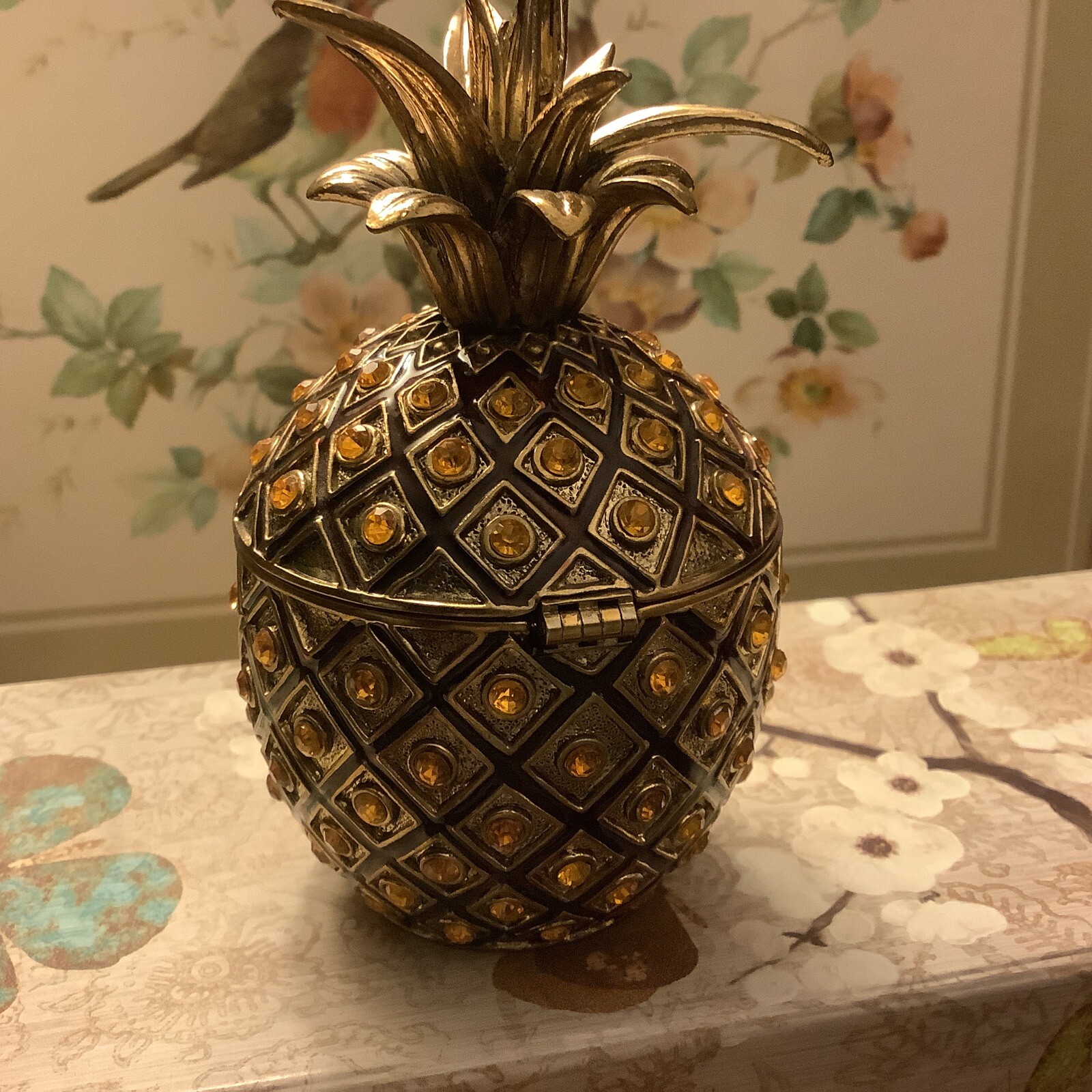 VintageBrassBejeweled PineappleHinged Trinket BoxHeavy/QualityFREE