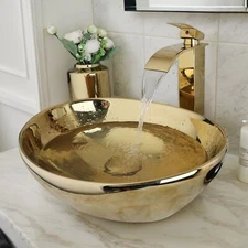Oval Bathroom Ceramic Vessel Sinks Gold Basin Bowl Combo Mixer Faucet Pop Drain