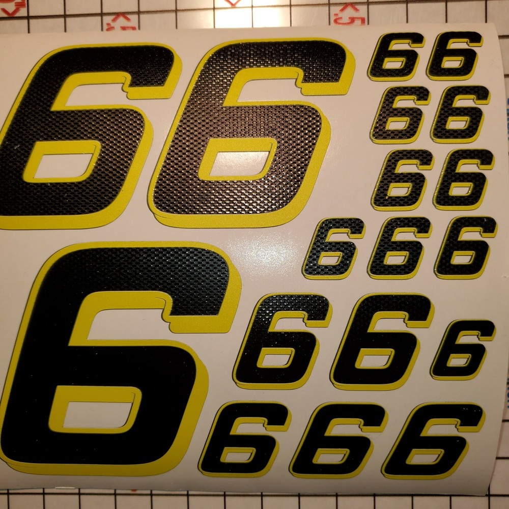 Matte Black-w/Gloss Carbon Fiber yellow #6's Racing Numbers Vinyl Decal Sheet Rc