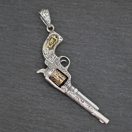 925 Sterling Silver &Brass Vintage Pistol Gun Biker Charm Pendant Jewelry A2548 - Picture 10 of 11