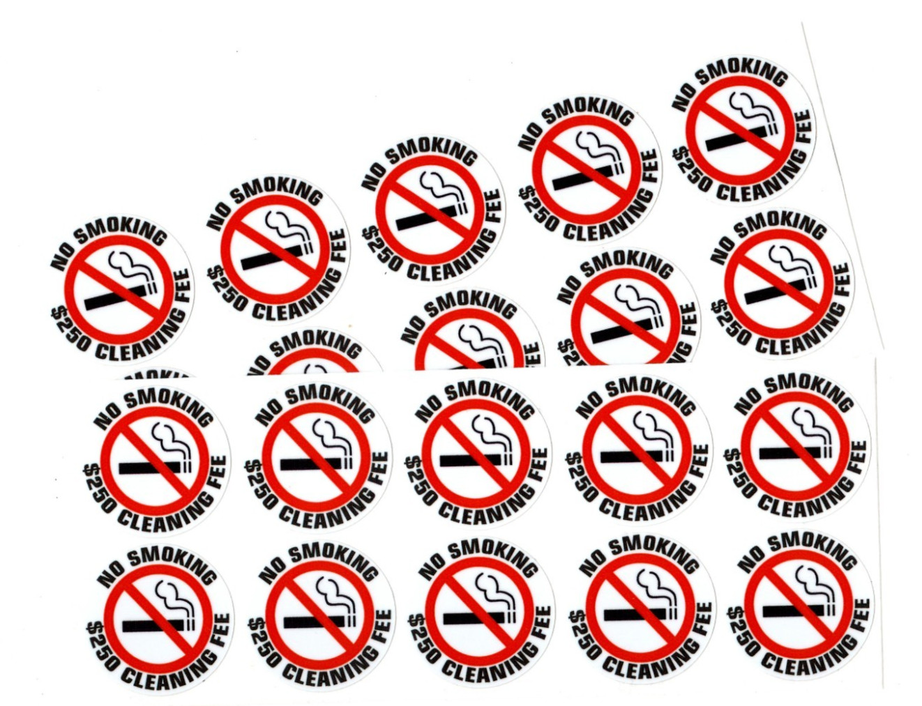 20 - NO SMOKING $250 CLEANING FEE sticker | white | 1.5" dia | outdoor durable