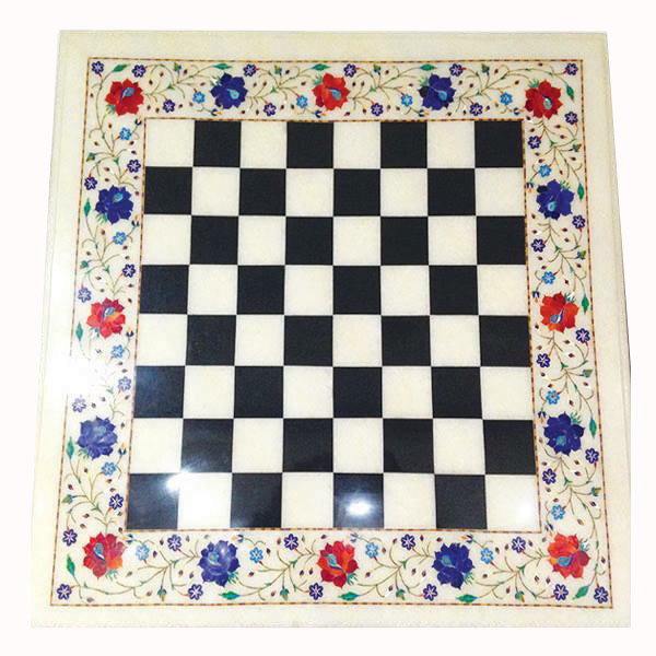 18-inch Floral Chess Table Top with Handcrafted Semi-Precious Stone Inlay