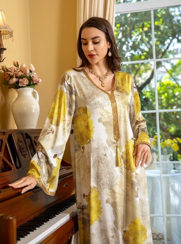 Elegant Women Dubai Jalabiya Gown Muslim Printed Dress V-neck Abaya Kaftan S-2XL - Picture 10 of 30