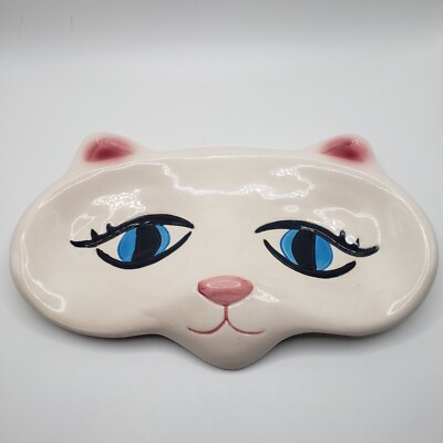 Whimsical Cat Face Ceramic Trinket Dish Multi Use Decorative Plate Change Tray