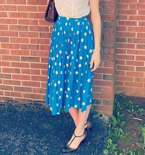 Vintage Chaus Teal and White Polka Dot Pleated Midi Skirt Fits like Small - Picture 2 of 10