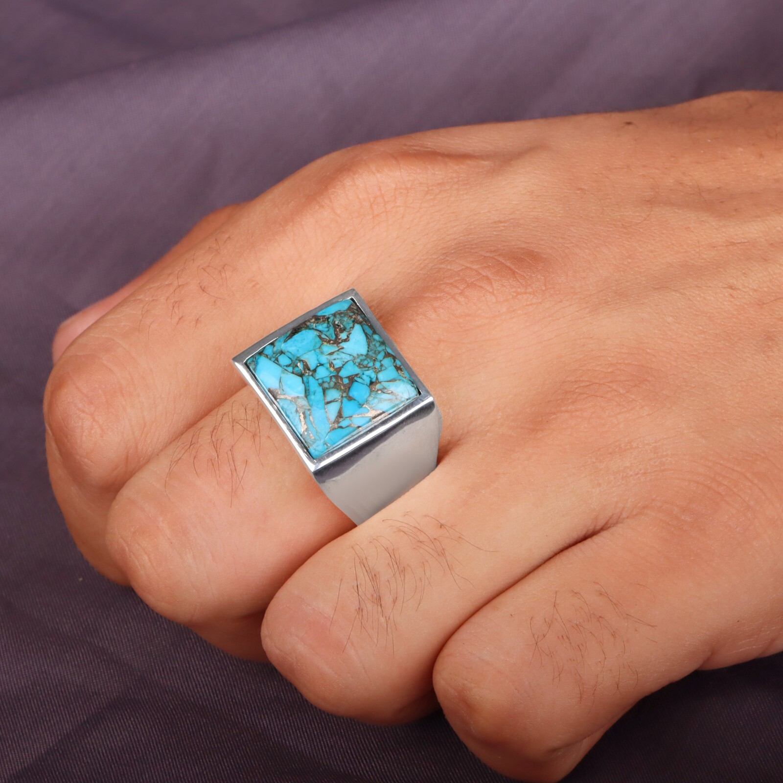 Natural Copper Turquoise Ring 925 Sterling Silver Ring Men Signet Ring ...