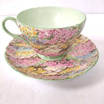 VTG Shelley England  Bone China Mint Green ''Rock Garden'' Chintz Tea Cup & Saucer