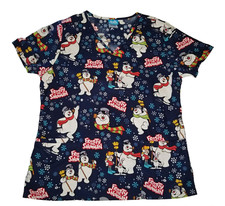 Warner Bros Women  s Frosty The Snowman Scrub Top Small V-Neck Pockets Blue