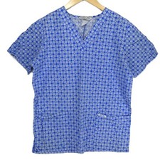 Cherokee Women  s XS Blue Check Floral Scrub Top 2 Pockets