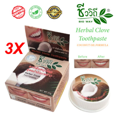 3X TOOTHPASTE THAI HERBAL CLOVE COCONUT WHITENING TEETH ANTI BACTERIA 25g
