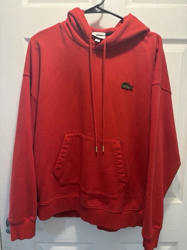 Lacoste L!VE Red Pullover Hoodie XL Fleece Pockets Embroidered Crocodile Logo