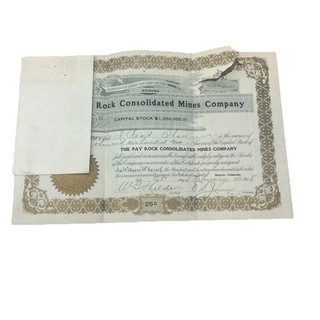 The Pay Rock Consolidated Mines Co. Stock Certificate 1908 Arizona 101 610 Shr