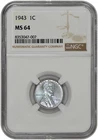 1943 1c Lincoln Steel Wheat Cent NGC Graded MS 64 in New Holder with Pink Toning