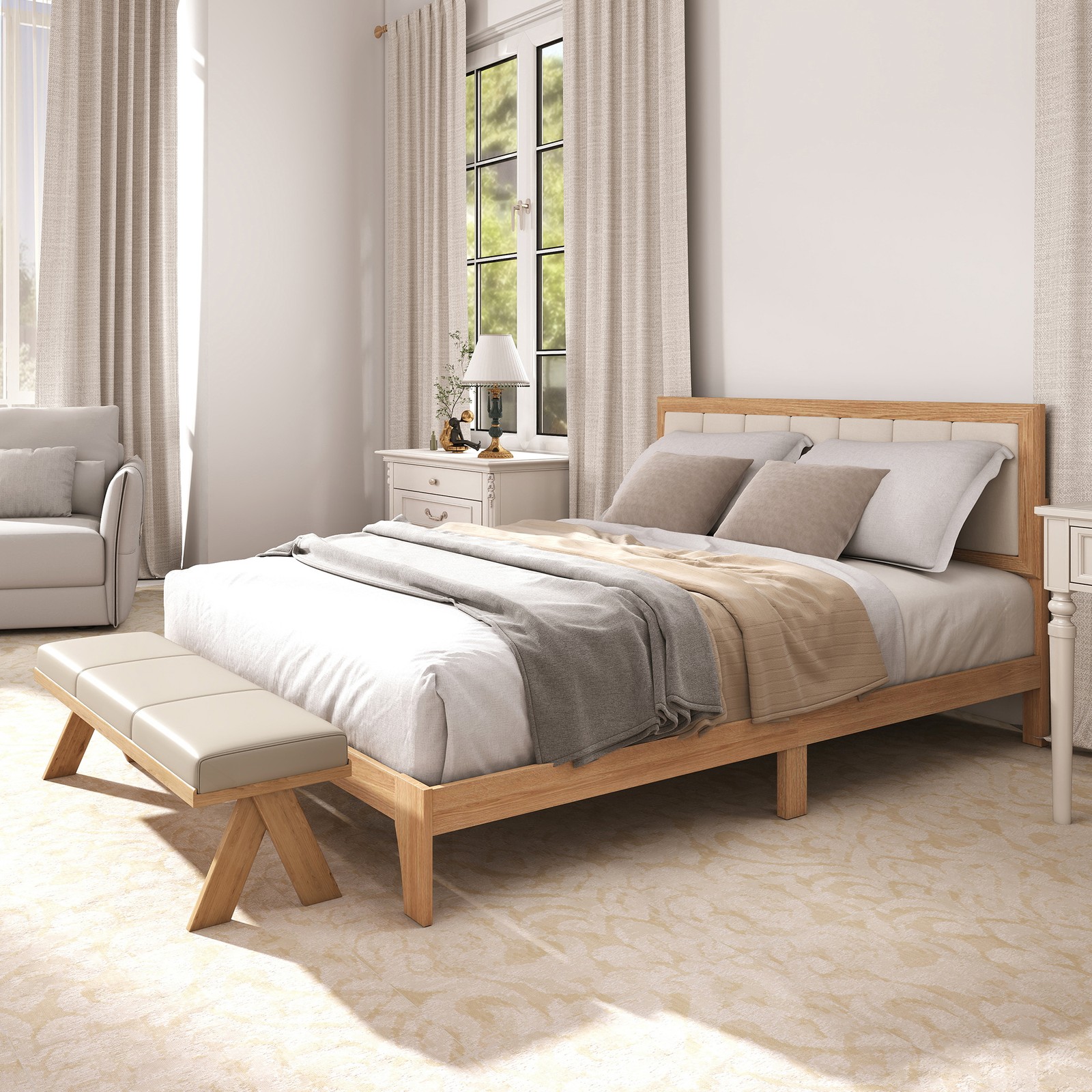 With Headboard Queen Size Platform Bed Frame Natural