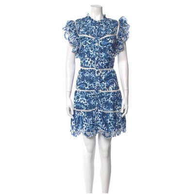 House of Harlow 1960 Melba Blue Floral Ruffle LaceTrim Button Front Mini Dress M