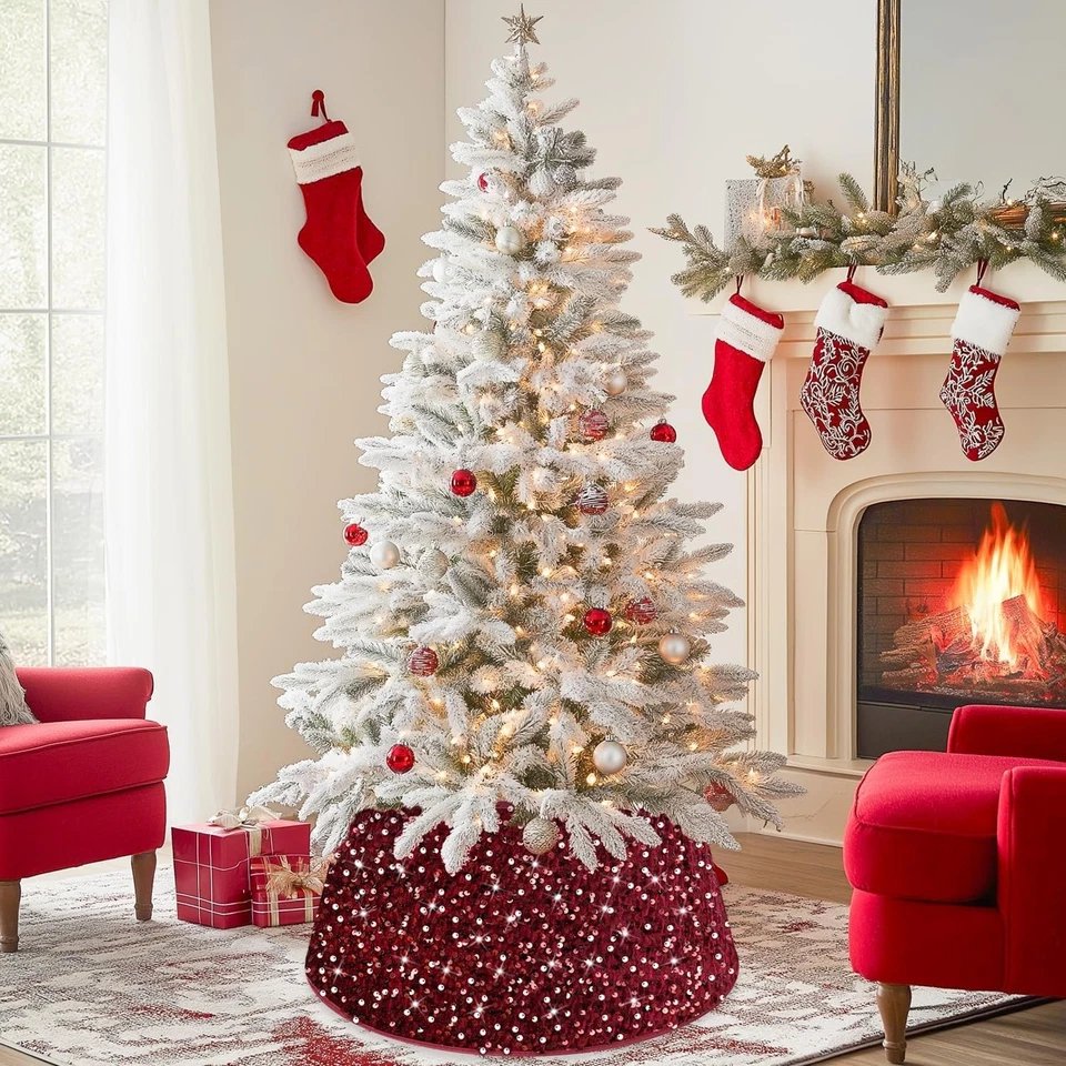 Burgandy Christmas Tree Collar 26 Inch Sequin Xmas Tree Skirt 12 Side Felt Small - Image 2 of 4