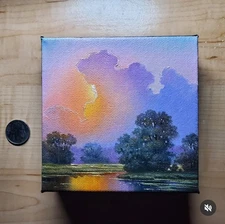 Original Oil Painting Realism Summer Landscape Clouds Signed Decor Art 