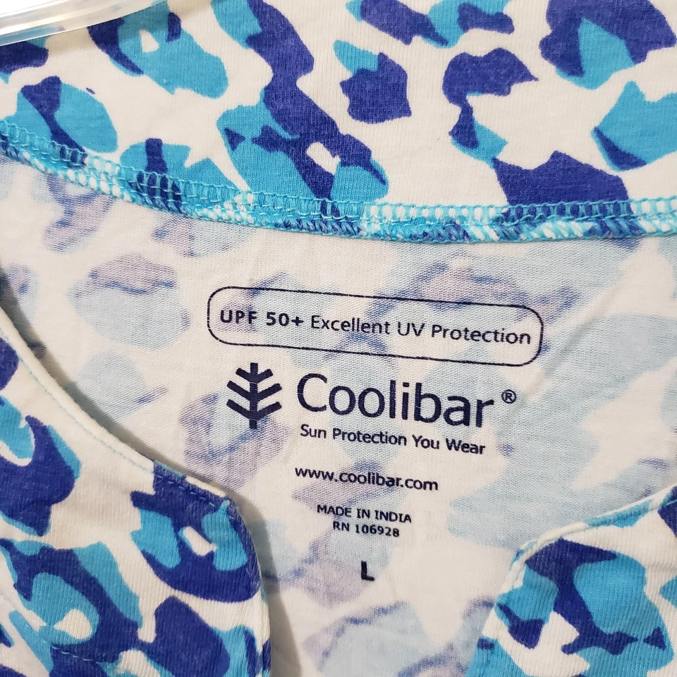 Coolibar Oceanside 束腰外衣连衣裙女式大号蓝色豹纹 UPF 50 竹 — 第 2/4 张图片
