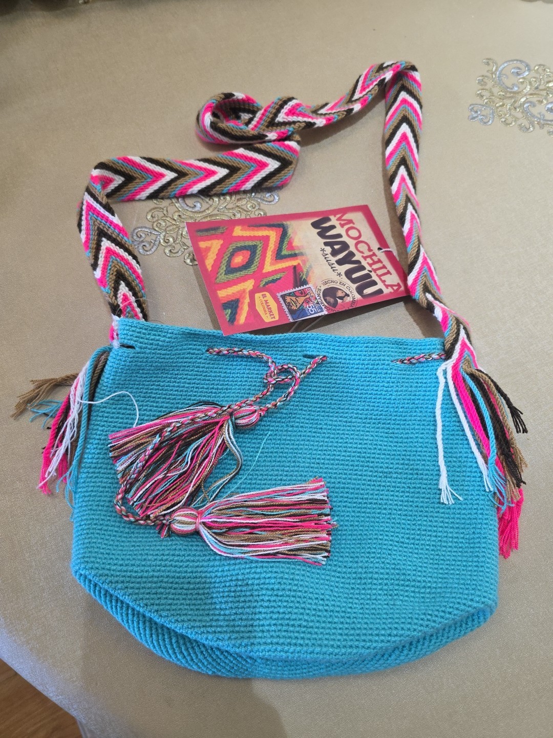 Bolso Wayuu Mochila Cubo Hombro Boho Colombia Rioacha Rosa Azul Lila NUEVO #4