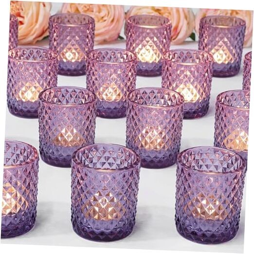 24 Pcs Bulk Purple Glass Votive Candle Holders in Lavender Hue