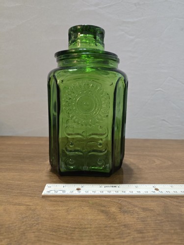Wheaton N.J. Green Glass Jar Embossed Sunflower Design Collectible