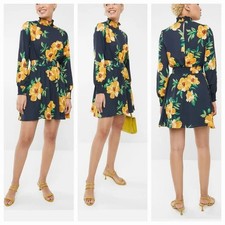 Forever 21 Navy Blue Floral Print Long Sleeve Fit And Flare Dress Large L EUC