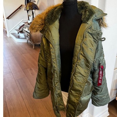 Alpha Industries N-3B Snorkel Parka Sage Green Faux Fur Hood Flight Jacket Large